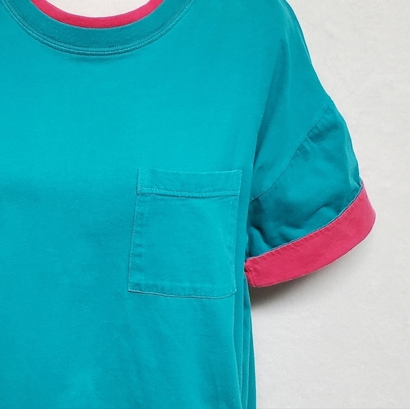 VINTAGE 90s Teal Hot Pink Oversized Boxy Cut Cuffed Short Sleeve Cropped Tee - Picture 6 of 13